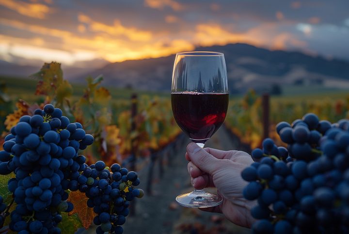 glass wine with stunning view vineyard sunset