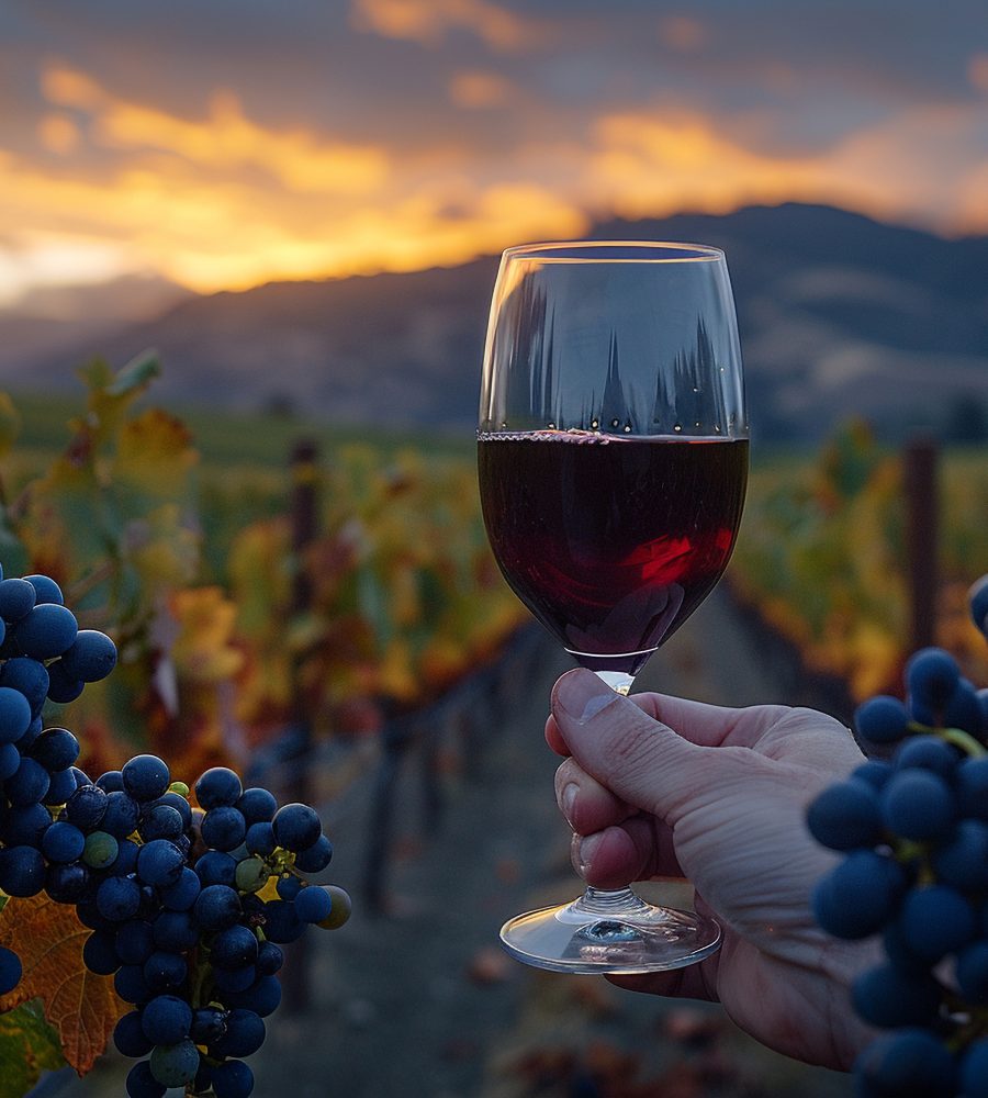 glass wine with stunning view vineyard sunset