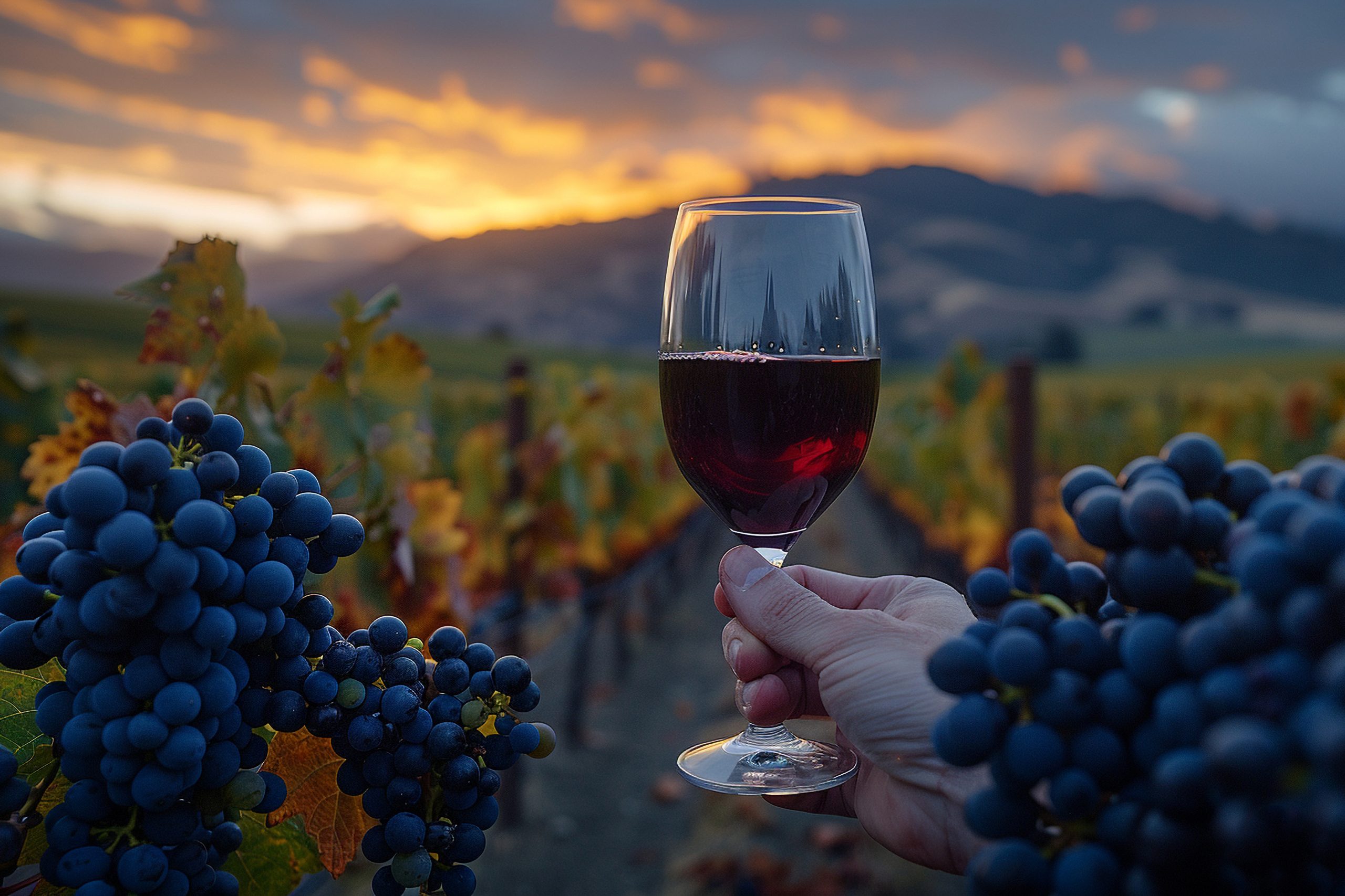 glass wine with stunning view vineyard sunset scaled