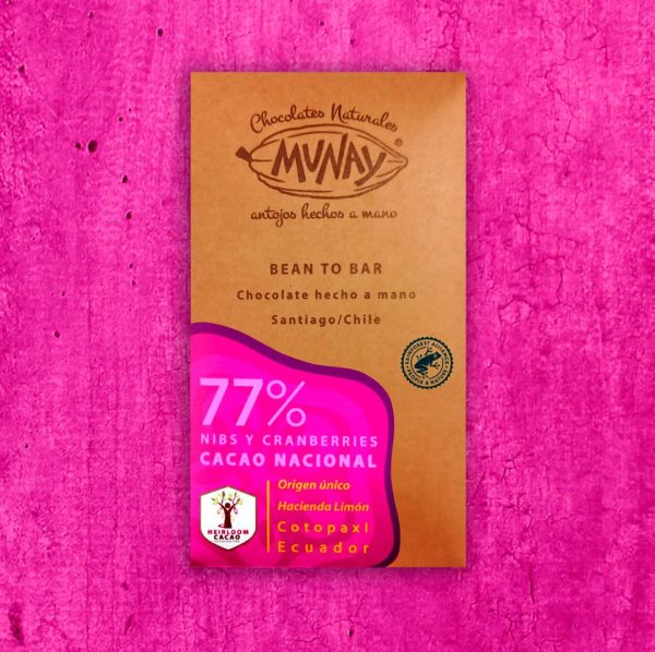 Chocolate 77% cacao orgánico con nibs y cranberries (45grs)